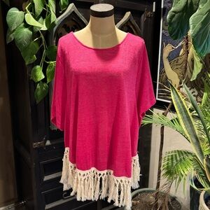 Umgee Hot Pink cream fringed tunic beach cover up boho top